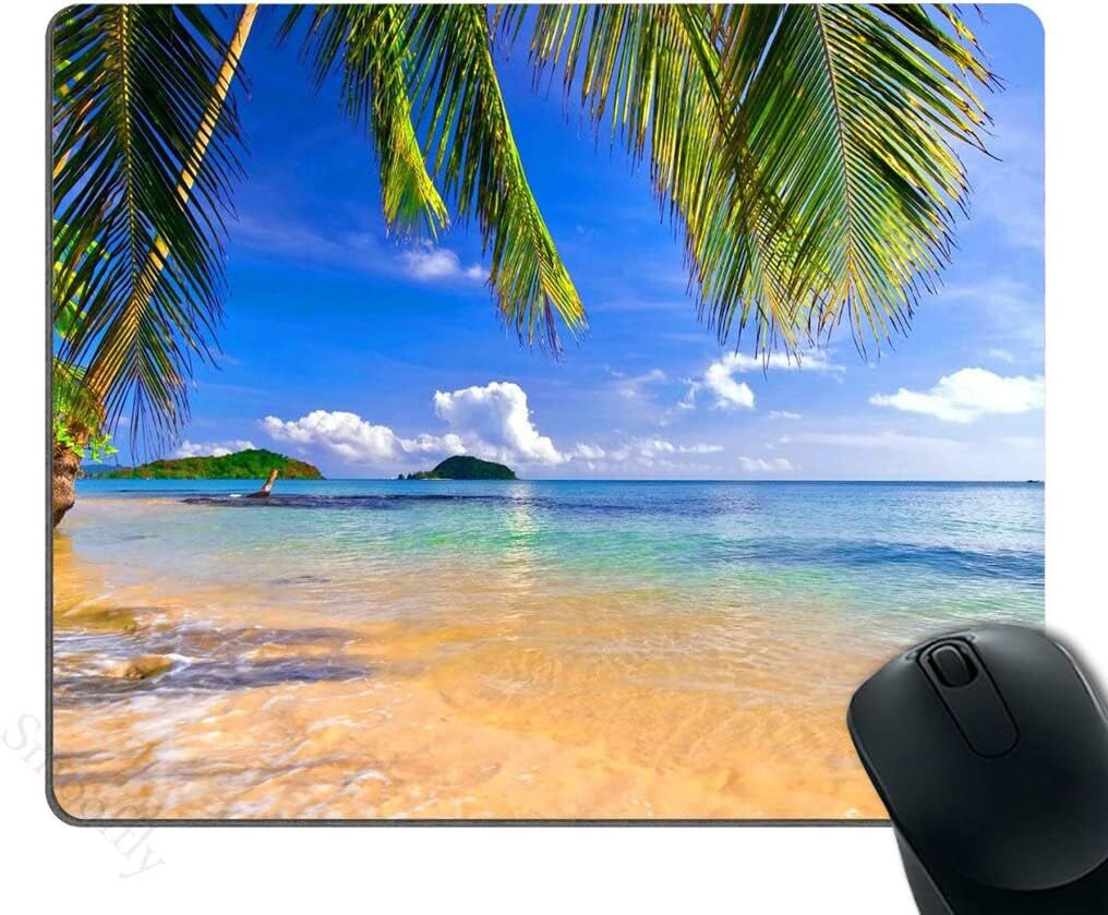 Tropical Beach Gaming Mouse Pad with Shore Palms Design - Oblong Shaped Non-Slip Mat-image