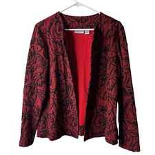 Chicos Travelers Red Black Embroidered Open Front Lightweight Blazer Medium 1