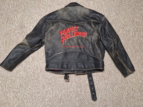 Vintage Planet Hollywood Leather Biker Punk Rock Embroidered Plaza CA Jacket 90s - Picture 2 of 8