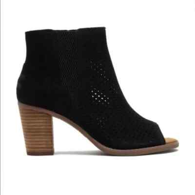 TOMS Majorca Peep Toe Booties, Perforated Black Suede, Women Size 6.5