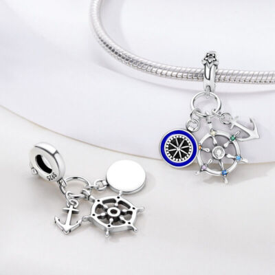 Maritim Ozean Meer Segelboot Anker Kompass Charm Sterling Silber 925