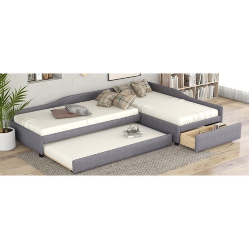 Upholstered Double Twin Size Daybed with Trundle and Drawer, Beige - Picture 29 of 60