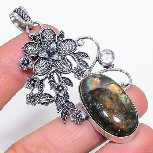 Natural Labradorite, White Topaz 925 Sterling Silver Jewelry Pendant 2.96" u871