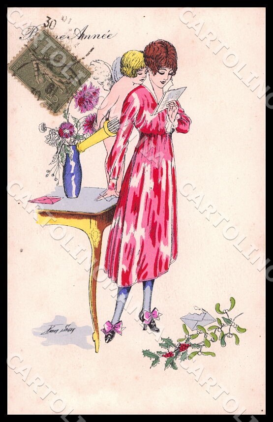 Artista Sager X. Cartolina Art Decò Fashion Lady Capodanno Cupido Noyer 64 CT0528