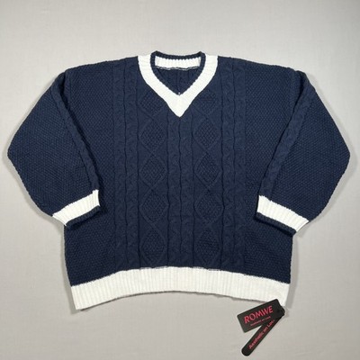 ROMWE Women's Navy Blue Cable Knit V-Neck Sweater Relaxed Fit Size L New NWT
