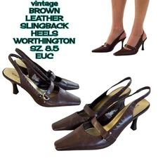 Y2K VTG. BROWN LEATHER SLINGBACK BUCKLE  POINTED TOE HEELS PUMPS 8.5 WORTHINGTON