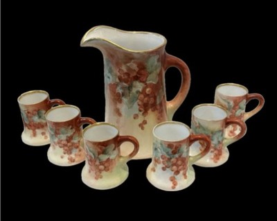 Antique Charles Martin Co. Limoges, France Porcelain Tankard Set. Red Currants.