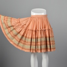 XS Peach Square Dance Skirt 1980s Vintage Circle Skirt Knee Length Metallic Trim
