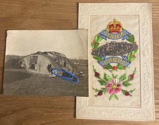 ‘Tank Corps’ WW1 Silk Postcard & Photo Of Captured Tank Used By The Germans 1918