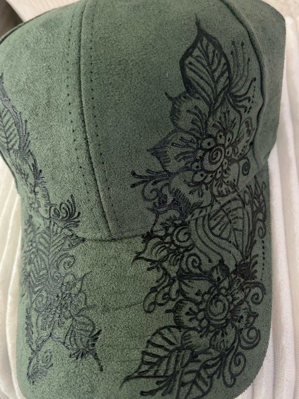 Burned Flower Design Baseball Cap Vegan Suede Handmade Art Hat 