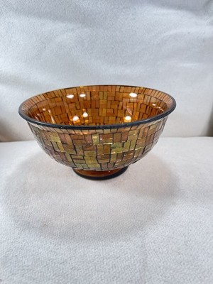 Vtg Amber Mosaic Glass Pedestal Bowl MCM Centerpiece Gold & Copper Tones 8 
