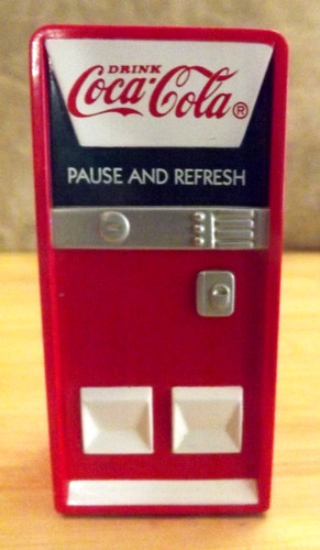 VINTAGE COCA COLA METAL MINIATURE VENDING MACHINE WITH BEARS INSIDE -3 1/4 IN HI