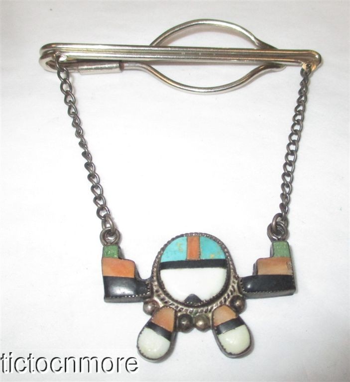VINTAGE SIGNED ZUNI INDIAN MOSAIC STONE INLAY KNIFE WING KACHINA DANGLE TIE BAR
