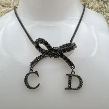 Christian Dior Ribbon Choker Necklace Silver Adjustable Length From Japan