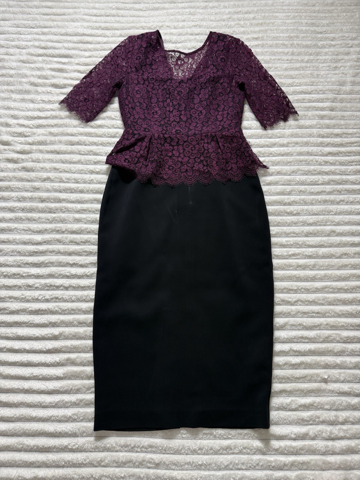L.K. Bennett Purple Black Lace Peplum Midi Sheath Dress V-Neck Half Sleeve US 6