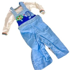 Children  s Baby Vintage 70s Carters Blue Corduroy Dog Overall Top Set 12 Mon