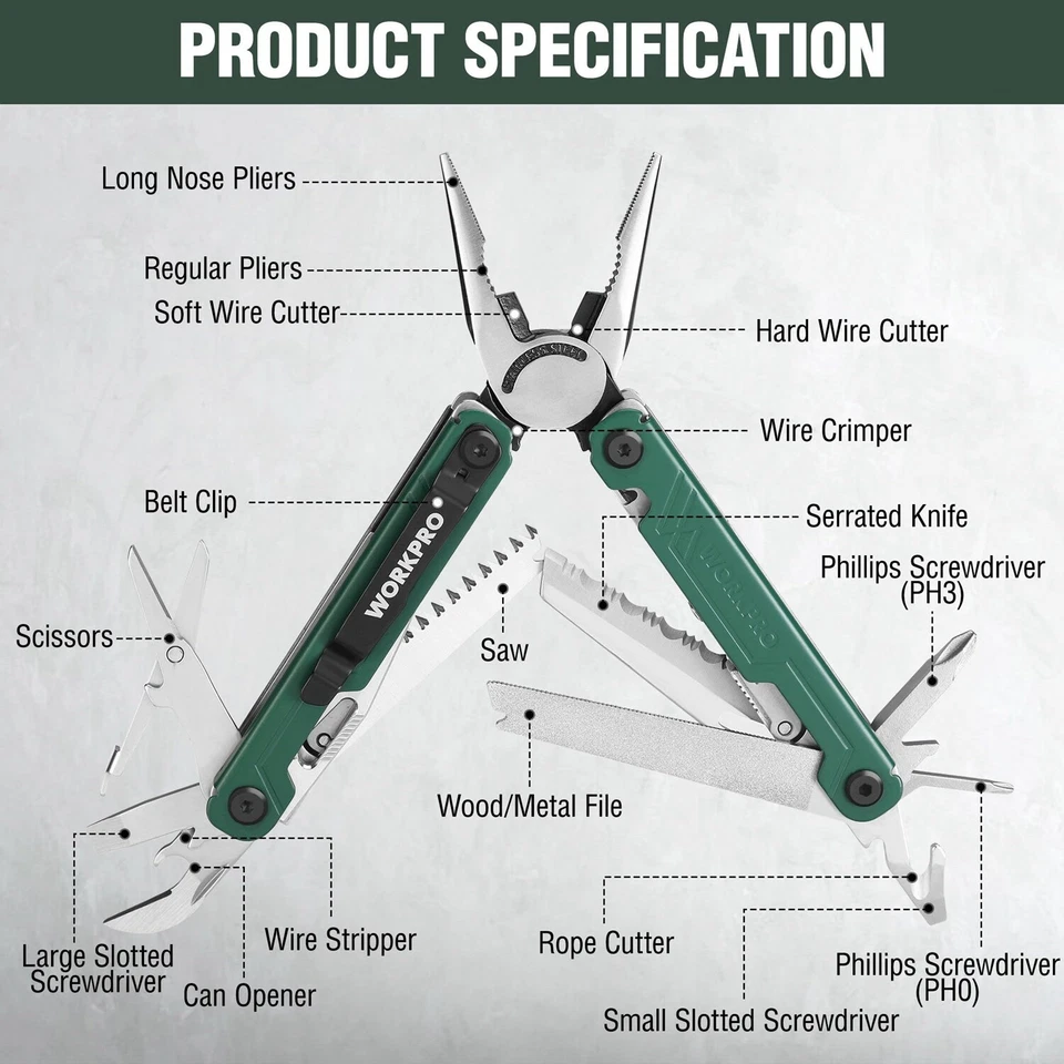 Alicate multiherramienta de acero inoxidable WORKPRO 18 en 1 EDC multiherramienta 2 bloqueo de seguridad verde Foto 3 de 4