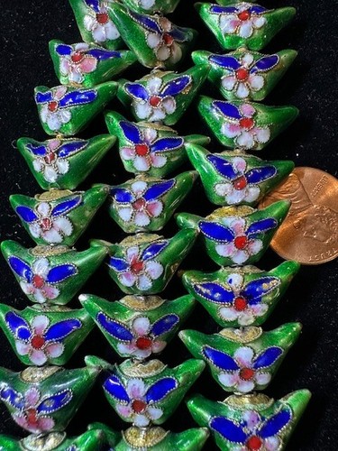 Pair of Vintage Chinese Cloisonne Enamel Beads Lantern Shape Flowers 21mm x 11mm - Picture 44 of 54