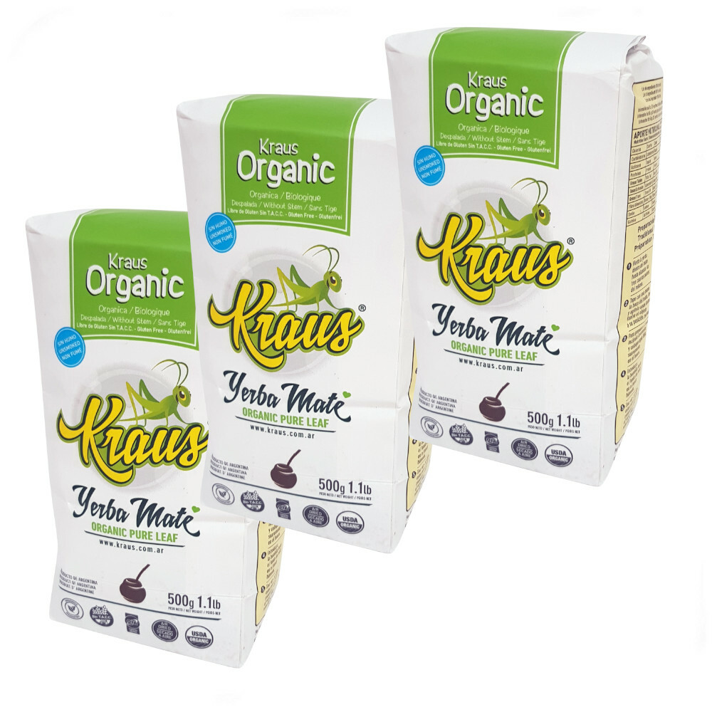 Kraus Pure Leaf Organic Yerba Mate Unsmoked Loose Leaf Argentine Tea 3 x 500g
