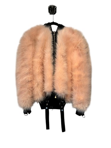 Faux Fur Bomber Jacket Pink Fluffy Cropped Belted Accents - Picture 11 of 19