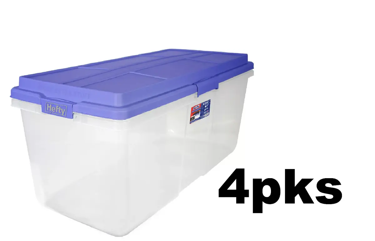 4 Pks Hefty 113 Qt.Clear Plastic Durable Storage Bin W/ Blue Hi