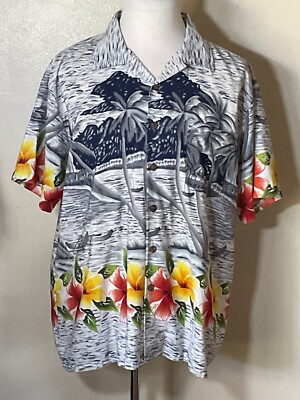 Blue White Palm Tree Floral Aloha Hawaiian Shirt by Maui Trading Company Size XL