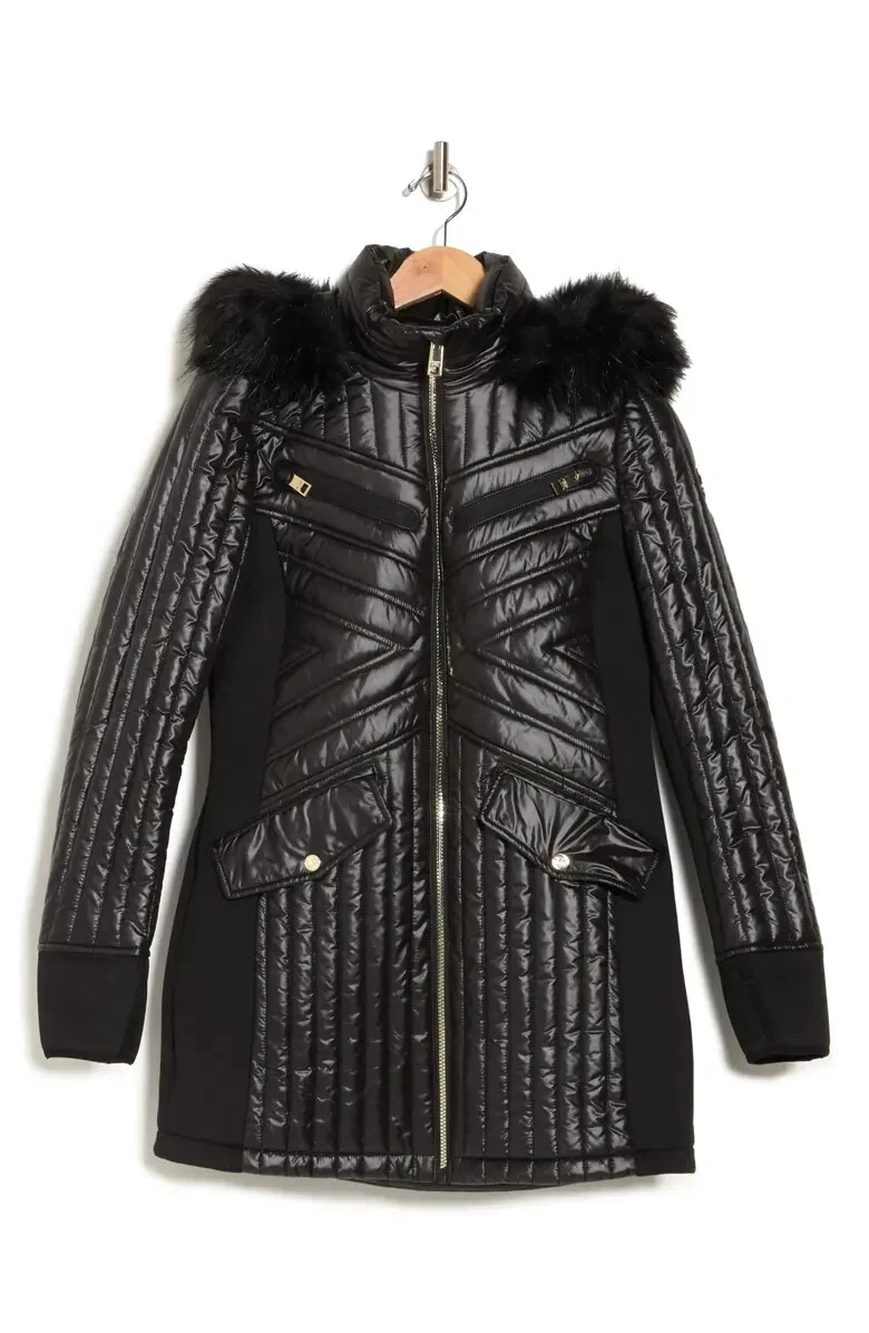 Cappotto giacca Michael Kors donna con cappuccio trapuntato media misto pelliccia sintetica M nero