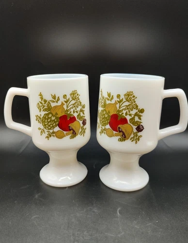 Pair Of Vtg CorningWear Milk Glass "Spice Of Life" Coffee Mugs