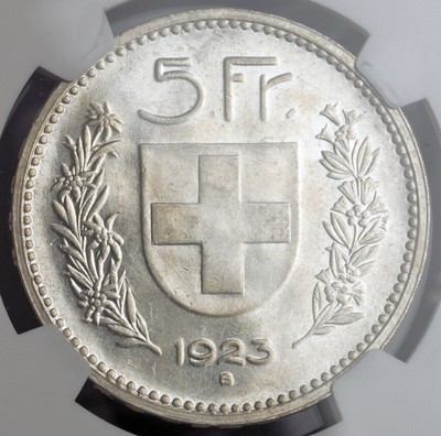 スイス 5フラン銀貨 1923年 NGC MS63
