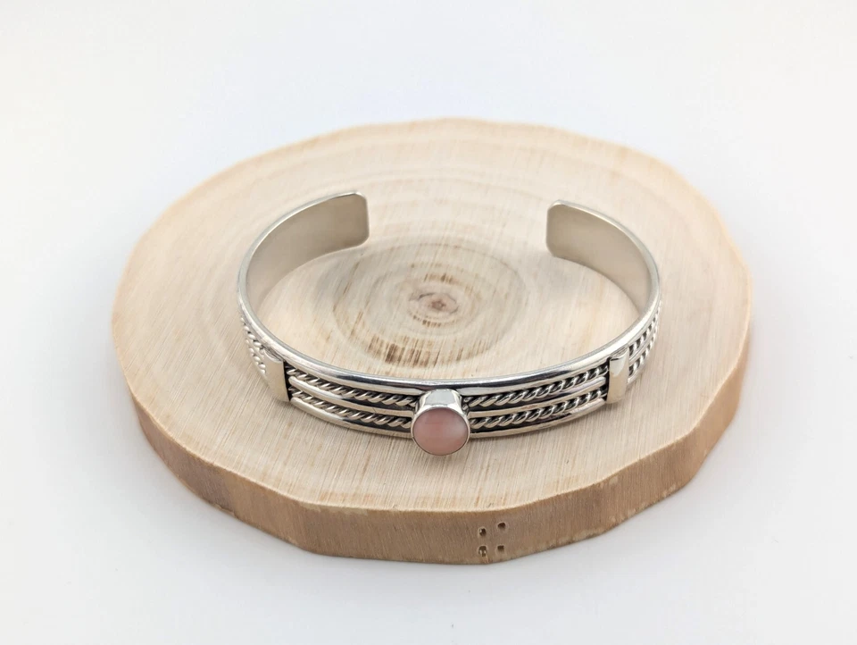 Navajo Cuff Bracelet Oval Pink Conch Shell Handmade Native Am Jewelry Sz 7in - Image 3 of 4