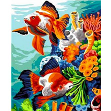Paint By Number Kit - Colorful Fish - Printed Canvas, Paint, Brushes, Hooks