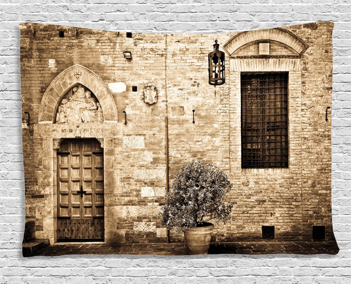 Rustic Tapestry Stone House Sepia View Print Wall Hanging Decor 80Wx60L Inches