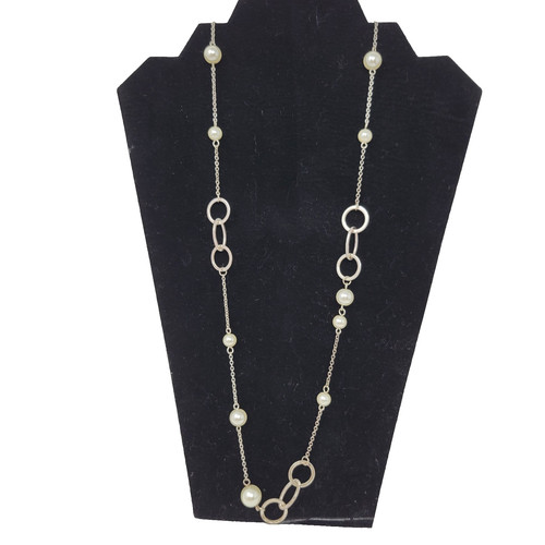 GEORGE Silver Tone Necklace Link Faux Pearls, Rings & Chains 35 Inch