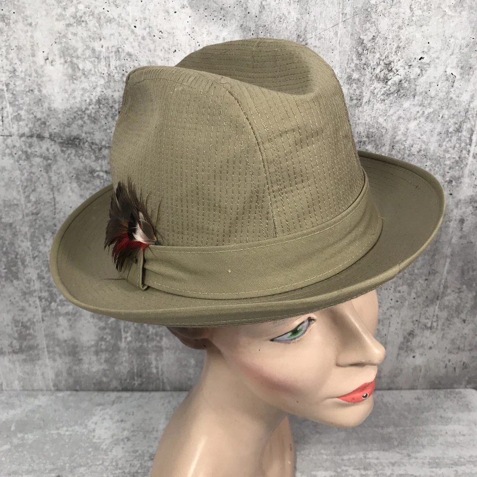 VTG STETSON Fedora Hat Waxed Cotton Tin Cloth Tan Grey W/ Feather 21.25” - Image 2 of 4