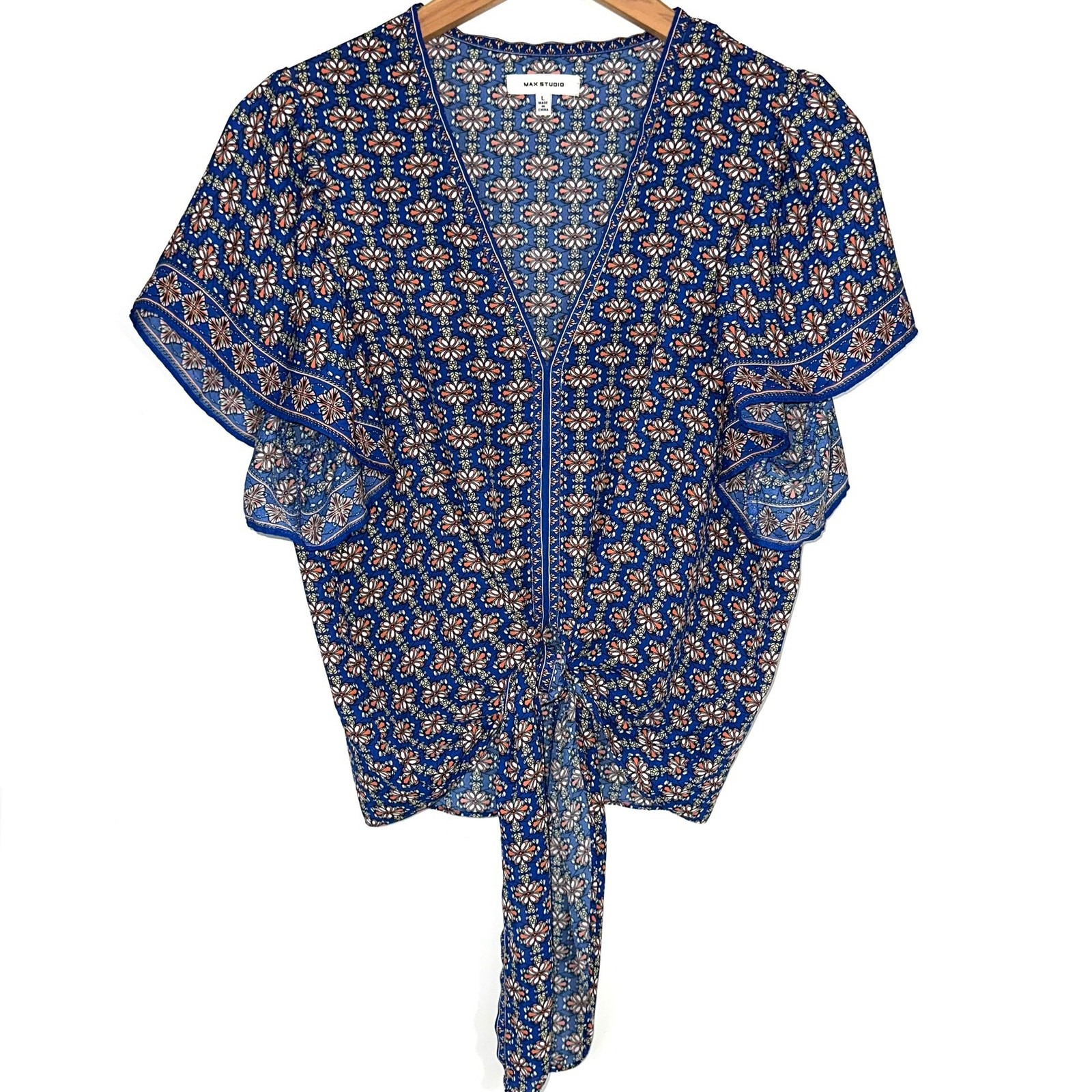 Max Studio Blue Orange Abstract Flutter Short Sle… - image 2