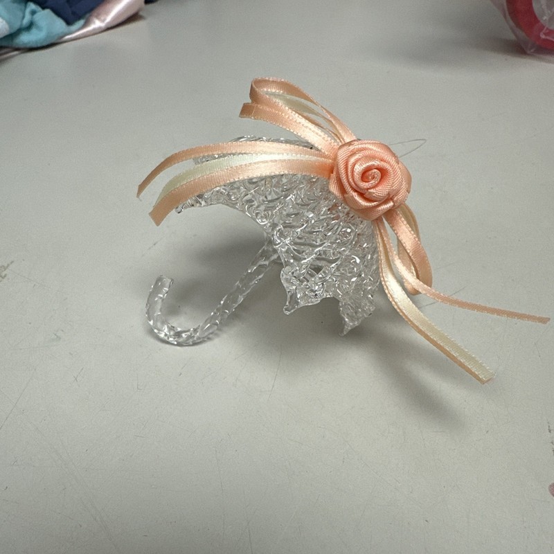 VTG 1950s Glass Umbrella Ornament w/ Pink & White Ribbon & Rose
