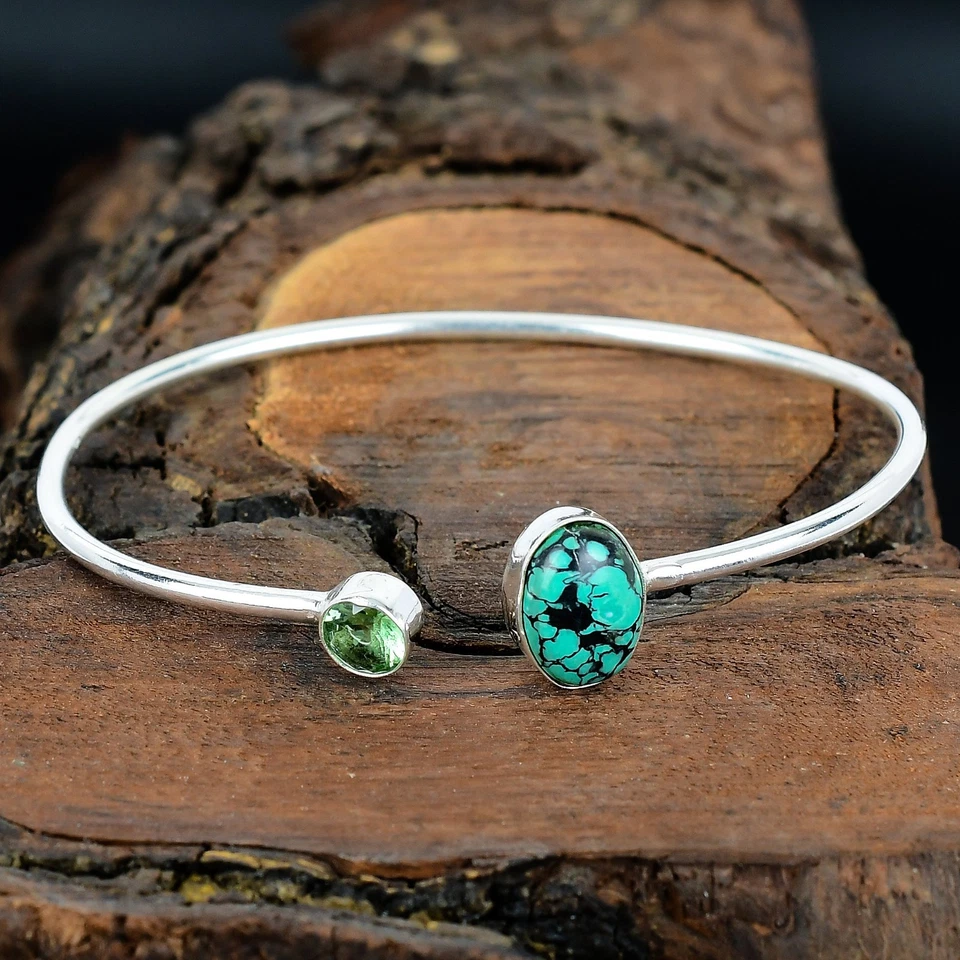 Sterling Silver Adjustable Handmade Bangle Tibetan Turquoise Gemstone Cuff - Image 3 of 4