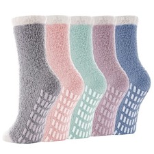5 Pairs Fuzzy Socks with Grips for Women, Non Slip Cozy Fluffy Soft Socks, Winte
