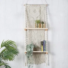 Folkulture 2 Tier Macrame Wall Hanging Shelf, Floating Shelves for Indoor Pla...