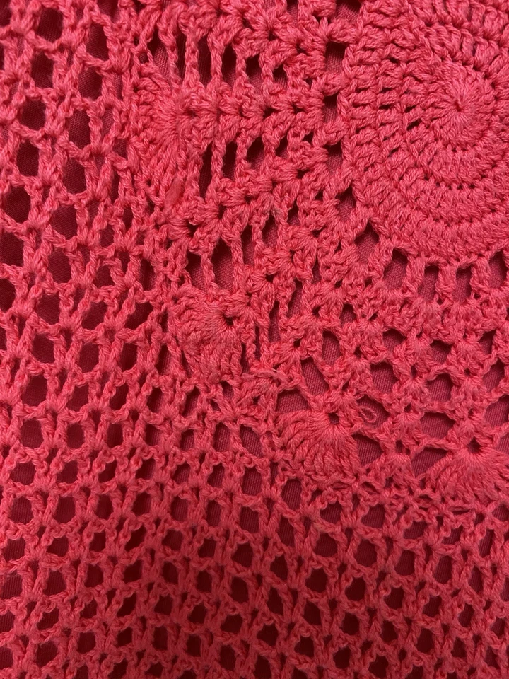 Vintage Y2K Does 70s Red Dress Crochet Trim Bell Sleeve Knit Mini Sz XL Boho - Image 4 of 4