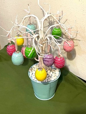 Easter Table Centerpiece With Decorative Tree & Colorful Hanging Eggs In Pastel