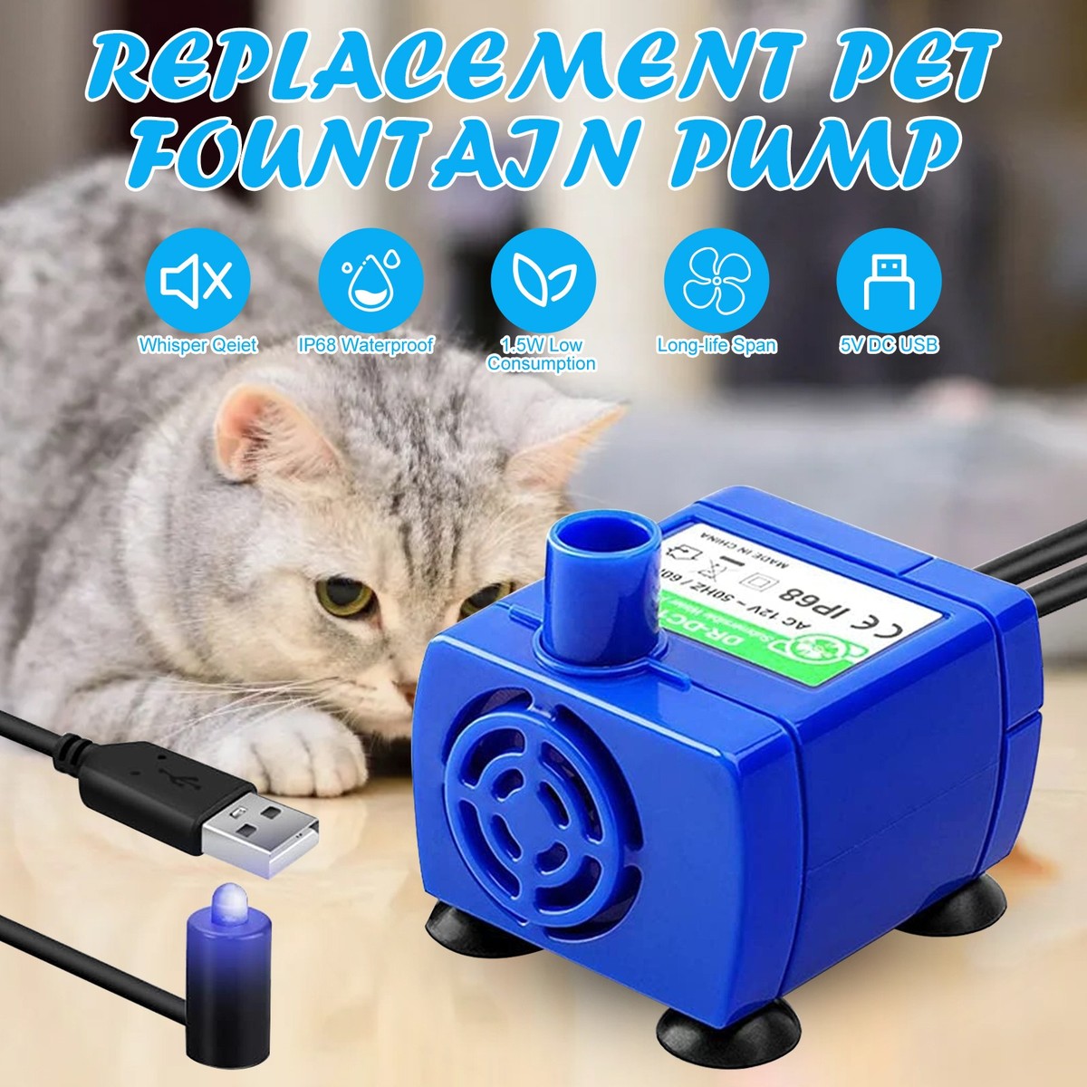 Pet Water Dispenser Pump USB Rechargeable LED Light Cat Drinking