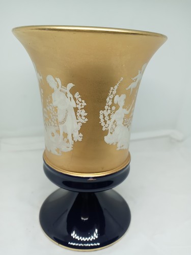 Vtg. Uniq C.Fiorentine Italy Hd. M. Porcelain Gold & Cobalt Vase W Greek Scene. - Picture 7 of 22