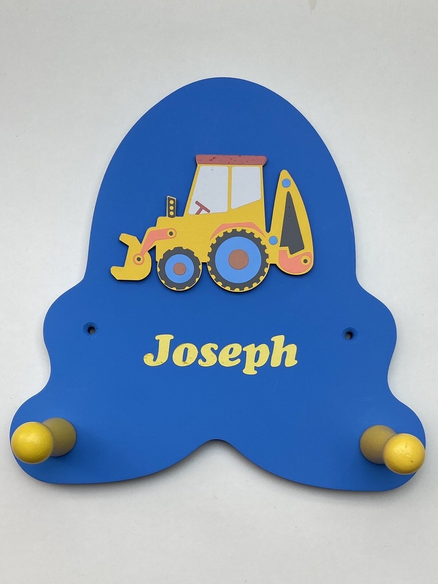 Kids Child’s Coat Peg Hanger Blue Painted Wood Digger Design