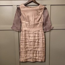 Adrianna Papell Hammered Satin Beaded Dress Gold with Sheer Sleeves Size 4