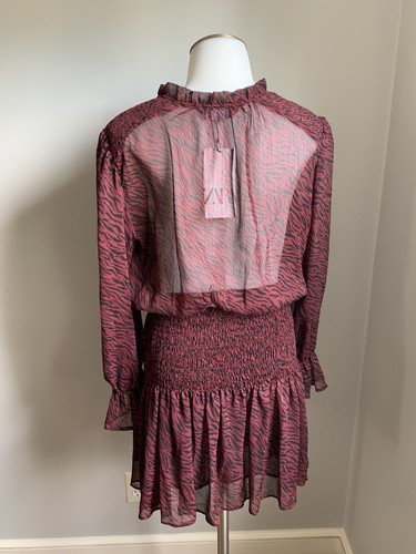 Women’s ZARA Burgundy Sheer Animal Print Mini Dress Long Sleeve Mock Neck Tie S - 第 5/8 張圖片