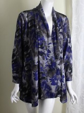 Kasper Sz Xl Blue Black Floral Artful Liquid Knit Chic Floral Open Jacket Topper
