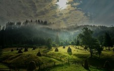Landscape nature morning sunlight sky mist field forest Custom Gaming Mat Desk