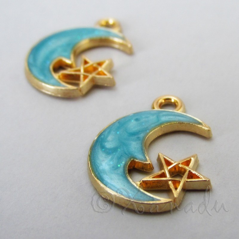 アクセサリー moon Moon And Star 20mm Gold Plated Blue Enamel Charm Pendants