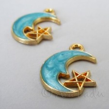 Moon And Star 20mm Gold Plated Blue Enamel Charm Pendants C6993 - 2, 5 Or 10PCs